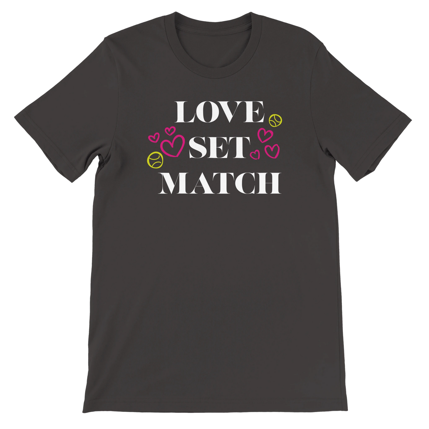 Funny tennis shirt Love Set Match design flat lay on court.