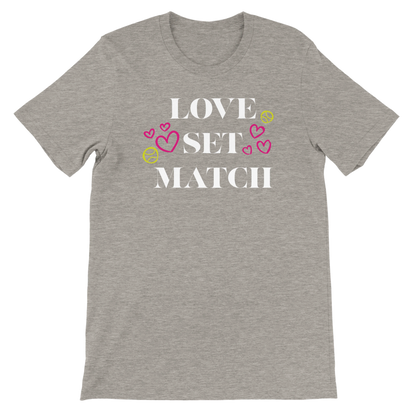tennis t-shirt with Love Set Match heart design for Valentine's Day