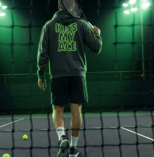 Kiss My Ace Hoodie — Neon Outline Tennis Slogan Hooded Sweatshirt
